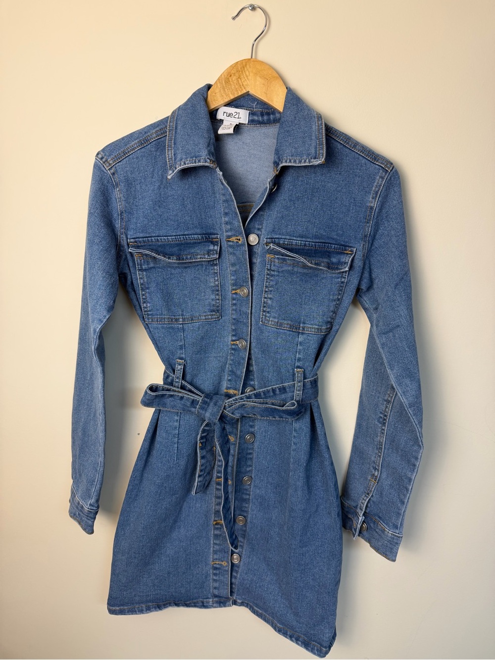 Rue21 Blue Denim Button-Up Shirt Dress with Waist Tie